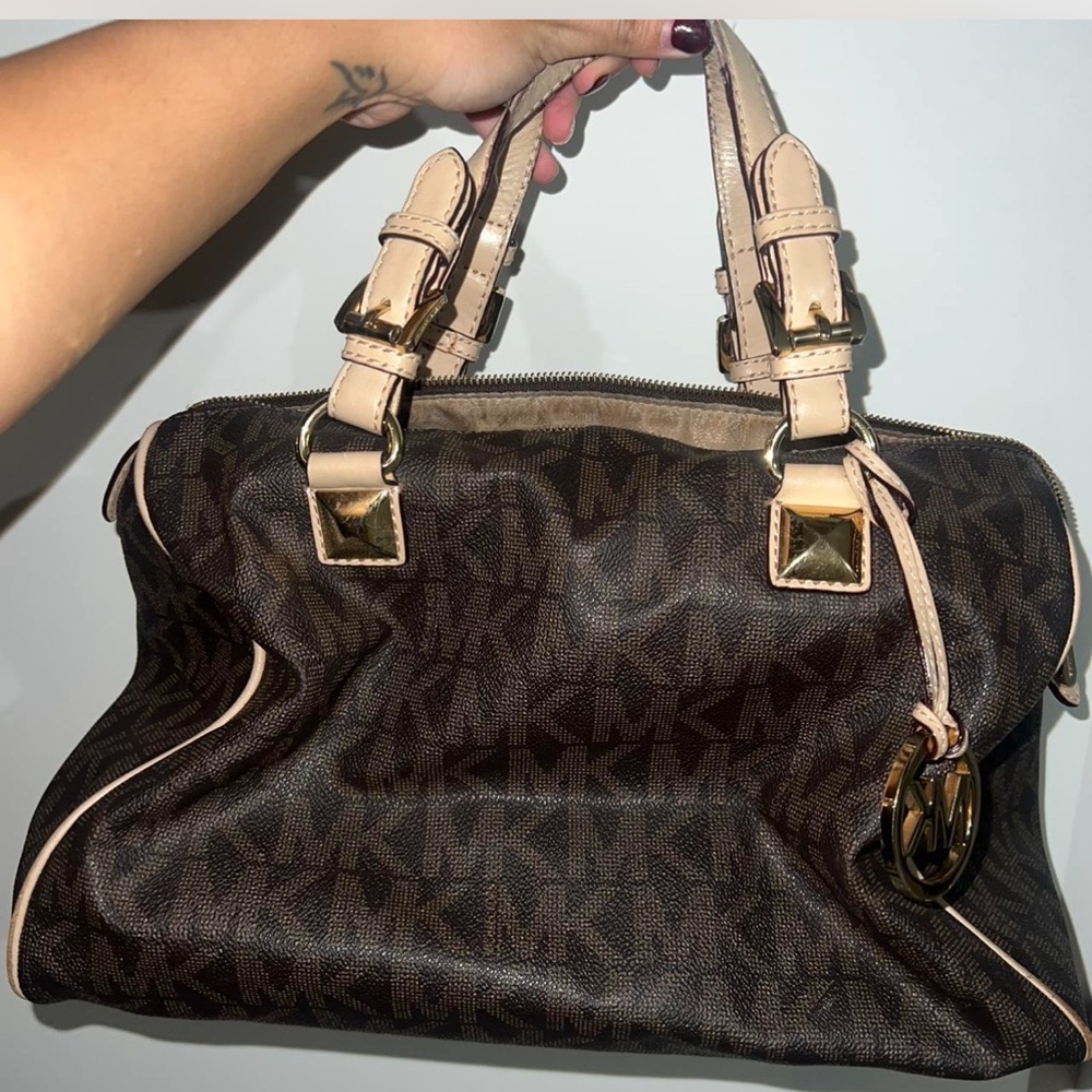 Michael Kors Dark Brown Satchel with Cream Accents